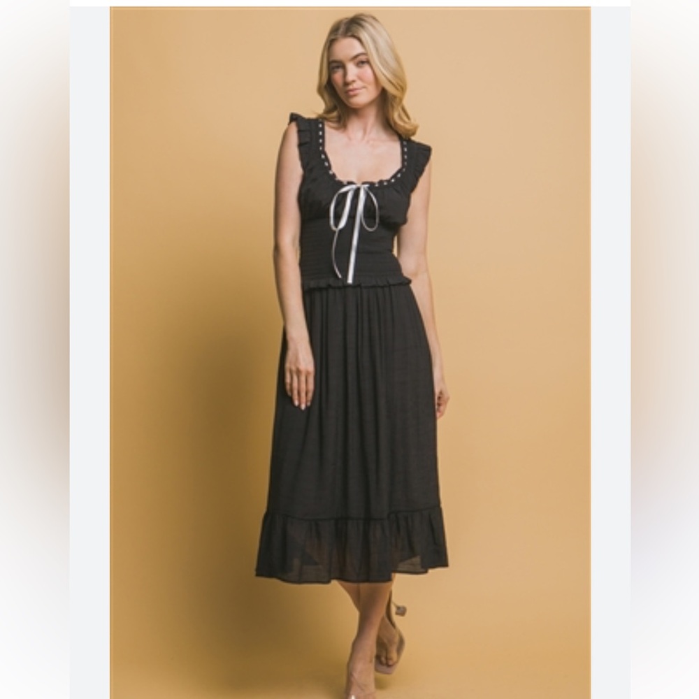 NWOT Black Love Tree Crepe Smock Waist Maxi Slip Dress | Size S